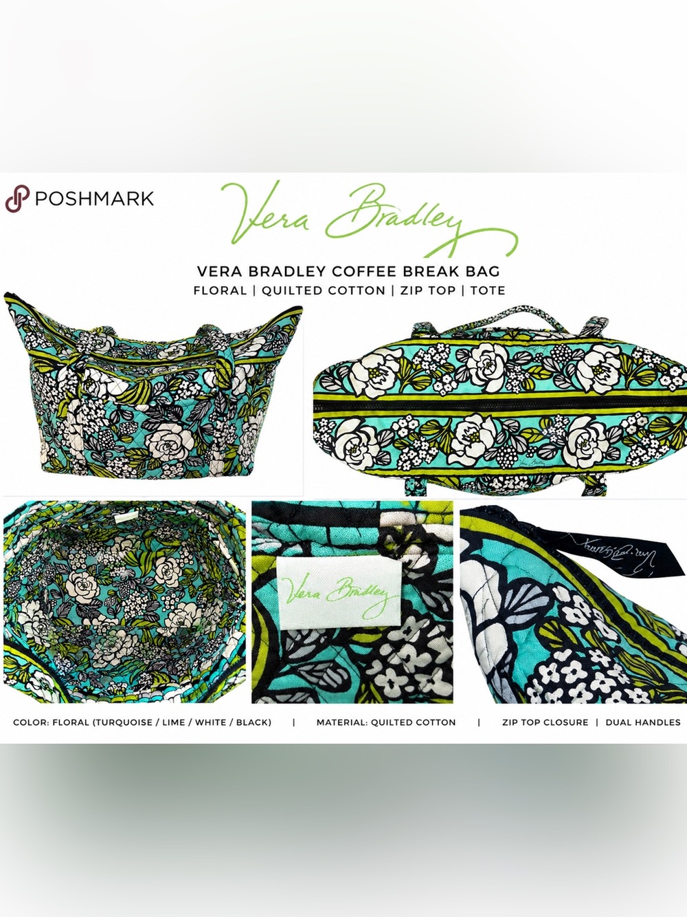 Vera Bradley Floral Quilted Tote Bag Turquoise Lime Green Zip Top shoulder tote